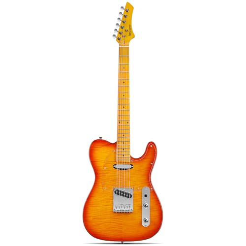 Leo Jaymz TL Style Electric Guitar with Flame Maple Top - High Gloss Mahogany Body and Hard Maple Neck - High Transparent Acrylic Pickguard (Transparent Honey Burst)